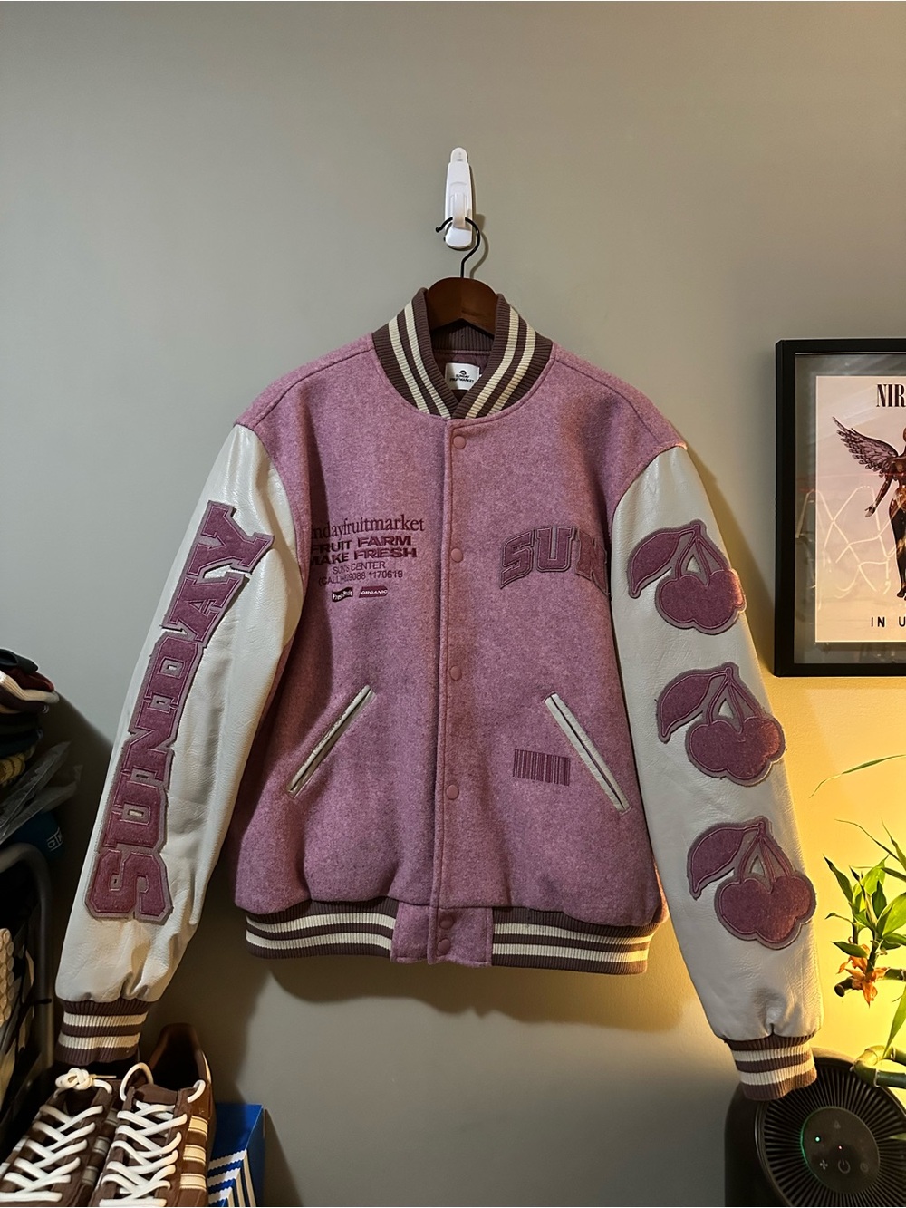 Sunday FruitMarket Pink & Cream Varsity Jacket with Cherry Unisex